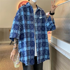 美式格子衬衫男短袖夏季潮牌宽松设计感上衣翻领休闲衬衣C885-P45，男装衬衫，星座1008
