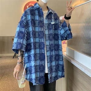 美式格子衬衫男短袖夏季潮牌宽松设计感上衣翻领休闲衬衣C885-P45图片