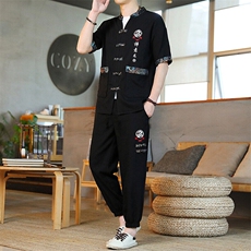风男装夏季冰丝短袖开衫男复古汉服套装风，男装休闲套装，星座1206（原A206）