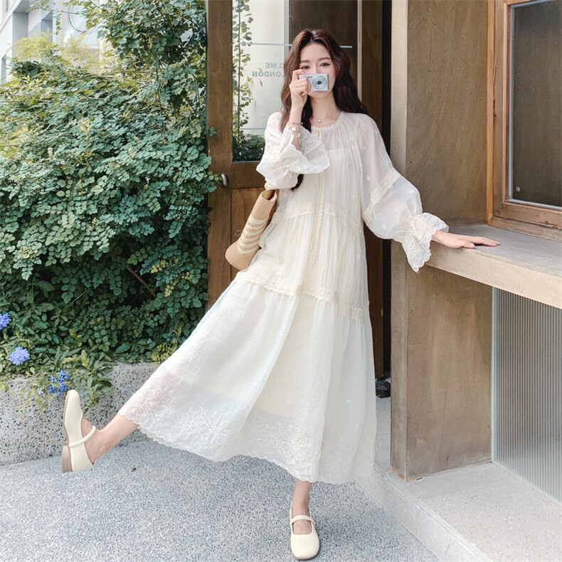 清纯乖乖妹白色连衣裙女春秋2025流行超火好看独特漂亮掐腰长裙子,女装连衣裙,2B187