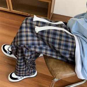 斜纹帆布格子休闲裤hiphop慵懒宽松阔腿裤垂感弯刀拖地裤K998p45图片