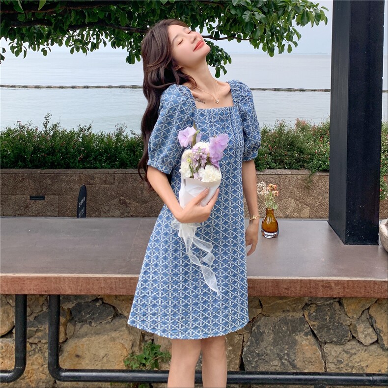 蓝色泡泡袖小个子连衣裙女2025夏季新款设计感格纹掐腰显瘦A字裙图片