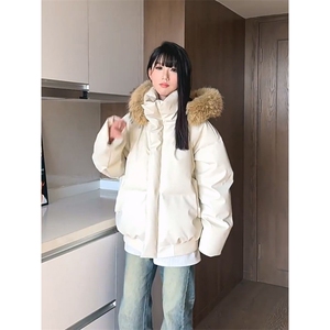 现货三防重磅硬挺boxy短款羽绒棉衣座山雕大毛毛领PU皮棉服外套冬图片