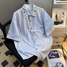 2025夏新款条纹短袖衬衫花朵刺绣半袖情侣男女班服现货W8601-P34，男装衬衫，星座512-4