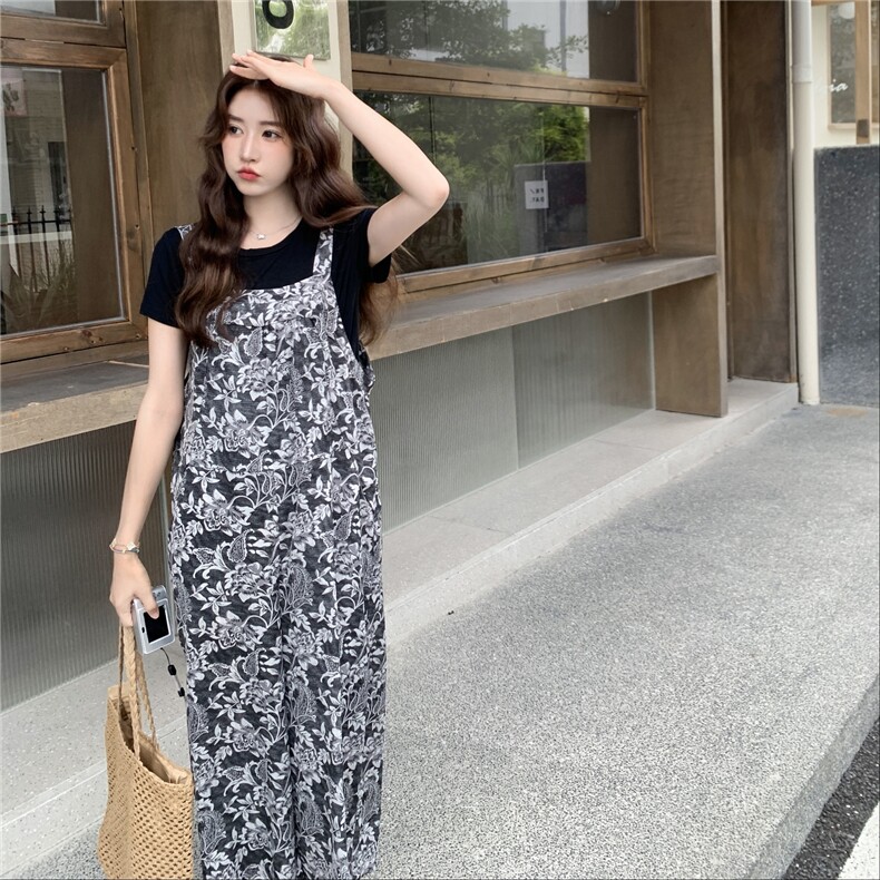 韩系休闲拼色印花背带裤女2025夏季新款宽松慵懒风气质显瘦阔腿裤,女装连体裤,2C353