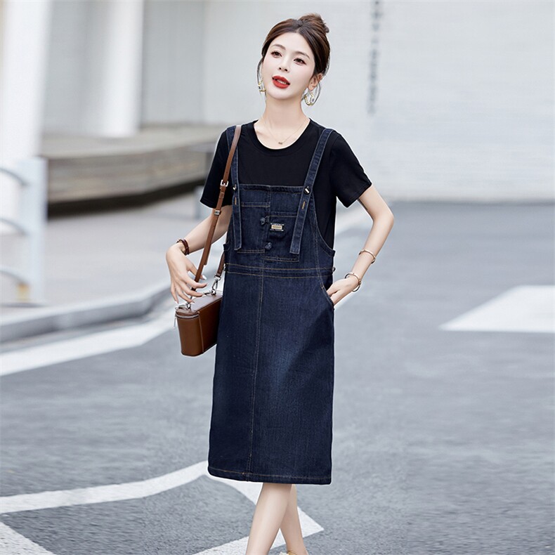 收腰背带裙女2025夏季新款韩版宽松洋气小个子牛仔连衣裙,女装连衣裙,涵亦佰惠