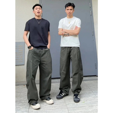 美式复古拼接褶皱伞兵工装裤男春夏季百搭宽松直筒休闲裤，男装牛仔裤，四季星座505