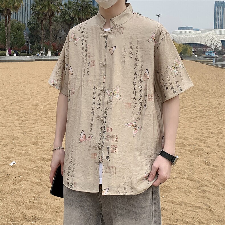 新中式唐装花衬衫男夏季潮流风盘扣短袖衬衣7002P40,男装衬衫,电商A056