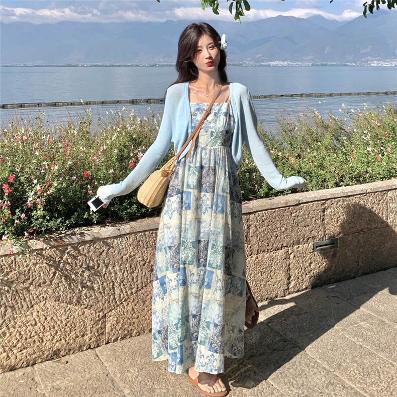碎花吊带连衣裙冰丝针织防晒开衫两件套法式浪漫优雅度假风套装裙,女装连衣裙,2C166