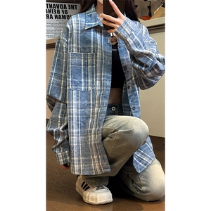 现货复古晕染格子长袖衬衫女高级感慵懒风外套男C19-P50控78,冬女服装搭配图片图片