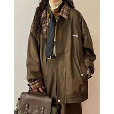 潮牌美式复古格子拼接翻领夹克女秋冬设计感街头ins机车服皮外套，男装夹克，星座506A