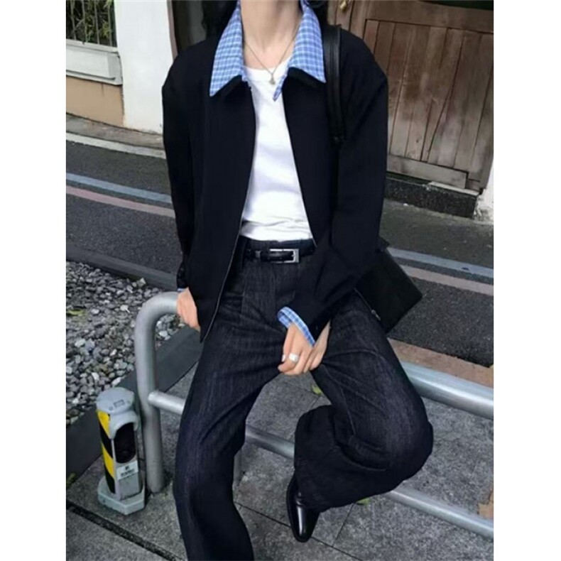 春季新款假两件格子情侣装衬衫领针织衫拼接休闲百搭外套 J121图片