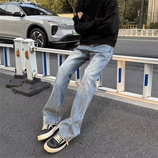 夏季新款美式牛仔裤男高街复古vibe修身直筒闪电纹微喇裤NY9269，男装牛仔裤，星座1116A（原606A-3）