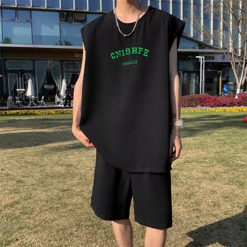 wassuphappy无袖套装t恤男士夏季薄款背心休闲运动短袖短裤套装,男装休闲套装,星座1116-2