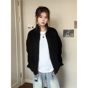 重磅秋冬北极绒双拉链毛衣开衫美式复古休闲慵懒风宽松针织衫外套图片