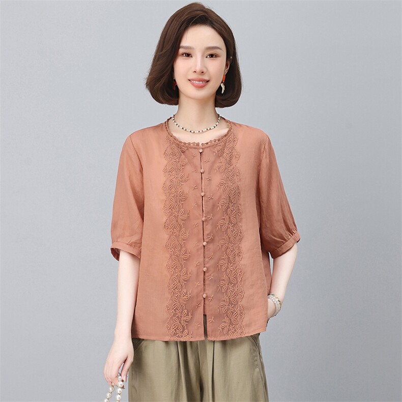 纯苎麻衬衫女夏薄款2025文艺刺绣妈妈款上衣，女装衬衫，忆绮罗
