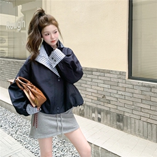 秋季新品！撞色格子假两件翻领花苞形夹克外套B208-9071-P155K218，女装短外套，浙宝208
