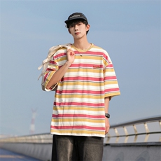 C470-P522024夏季日系复古撞色条纹T恤潮牌百搭宽松短袖男现货，男装T恤，星座512-6