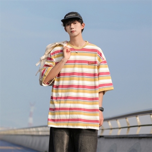 C470-P52 2024夏季日系复古撞色条纹T恤潮牌百搭宽松短袖男 现货图片