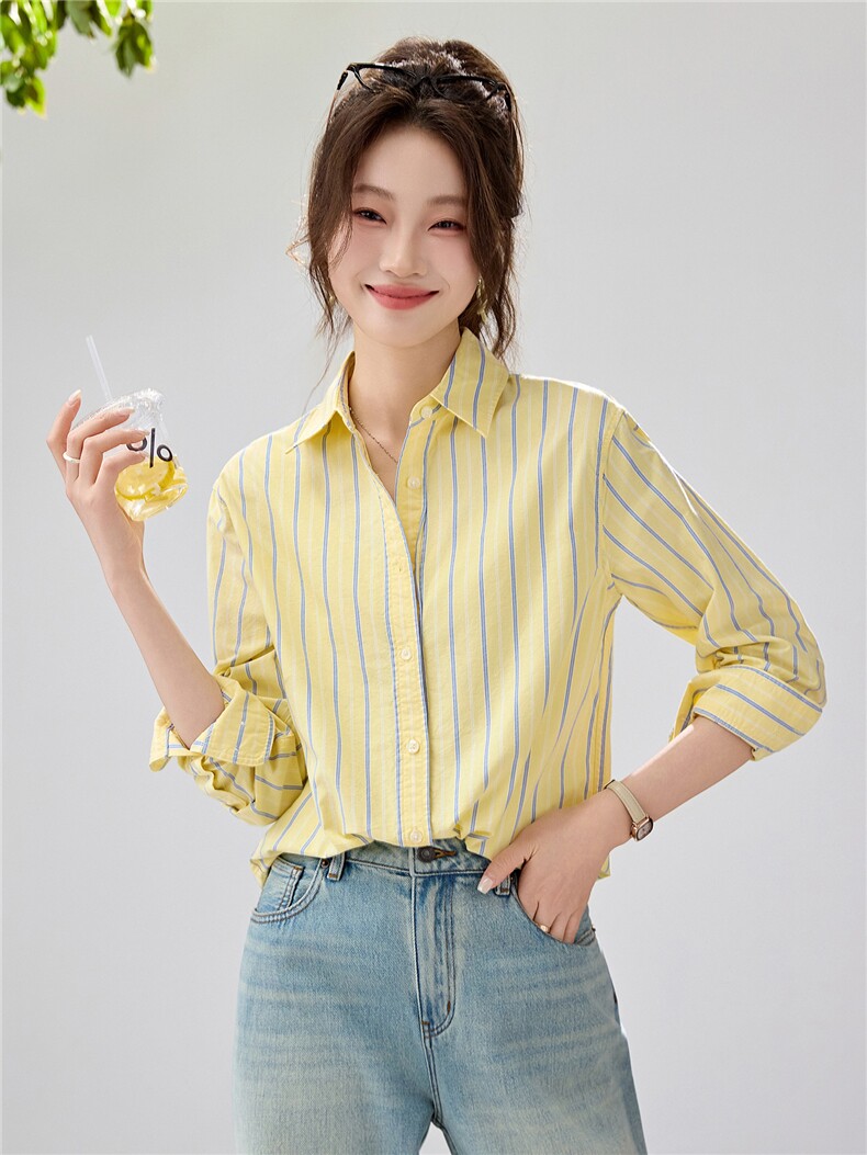 2026春夏新款黄蓝条纹衬衫女宽松显瘦元气少女感衬衣韩系清爽竖条,女装衬衫,艾米