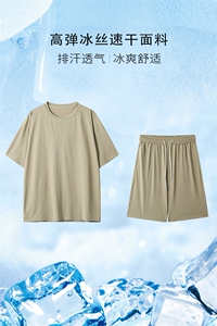 休闲短袖套装男夏季薄款冰丝纯色落肩袖宽松T恤大码外穿直筒短裤图片