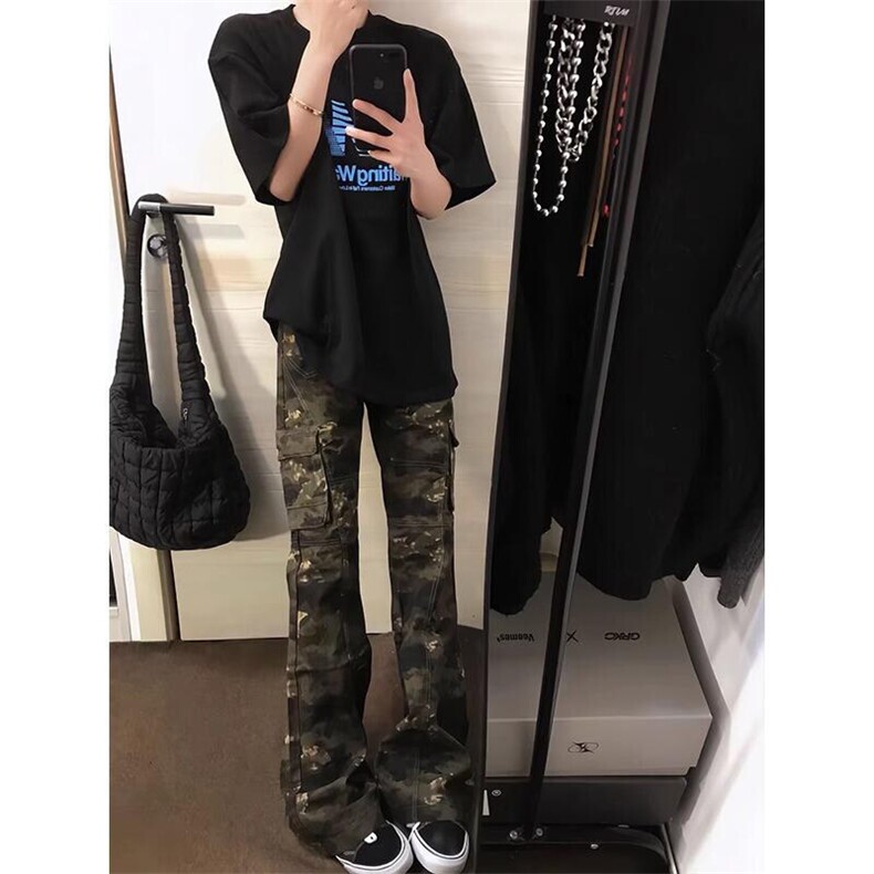 美式高街迷彩牛仔裤男女夏季薄款工装裤子修身窄版休闲直筒微喇裤,男装牛仔裤,电商B241