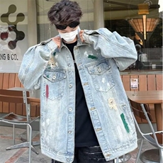 水洗涂鸦破洞牛仔外套男春秋季潮牌高街设计感宽松夹克8865/P68，男装工装外套，星座506