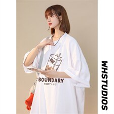 港风2026夏季新品奶茶印花圆领休闲七分袖短袖T1094P25-控38---，男装T恤，A247A