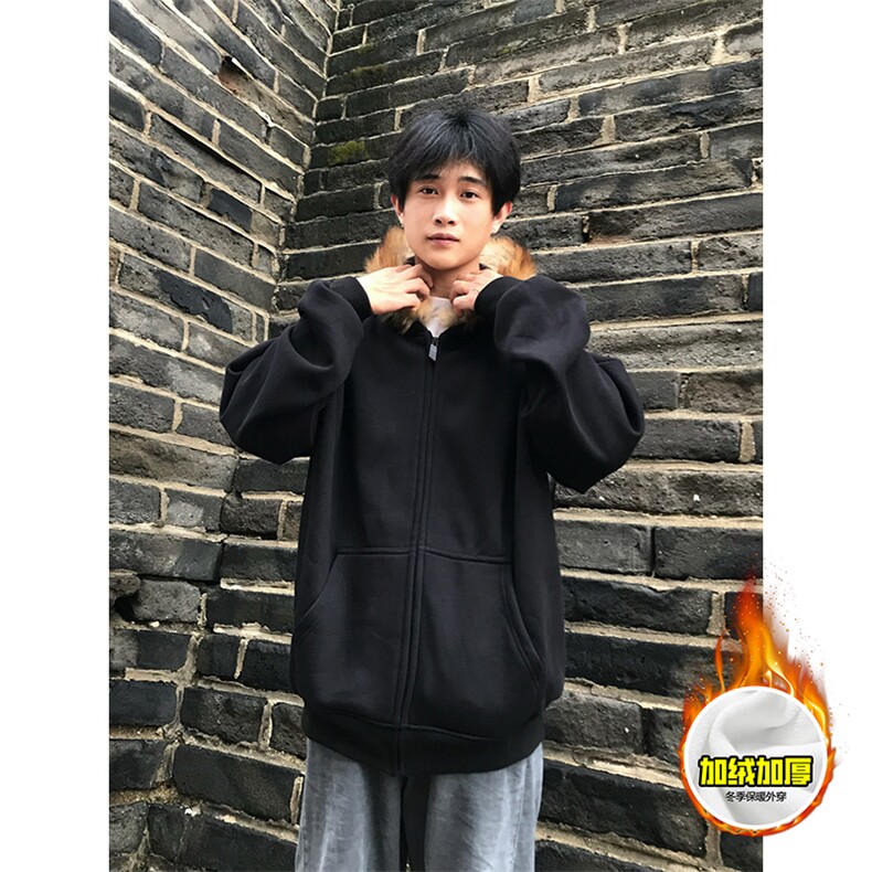 480G重磅加绒硬挺boxy秋冬美式高街超大毛领座山雕连帽卫衣厚外套,女装短外套,电商A486-1