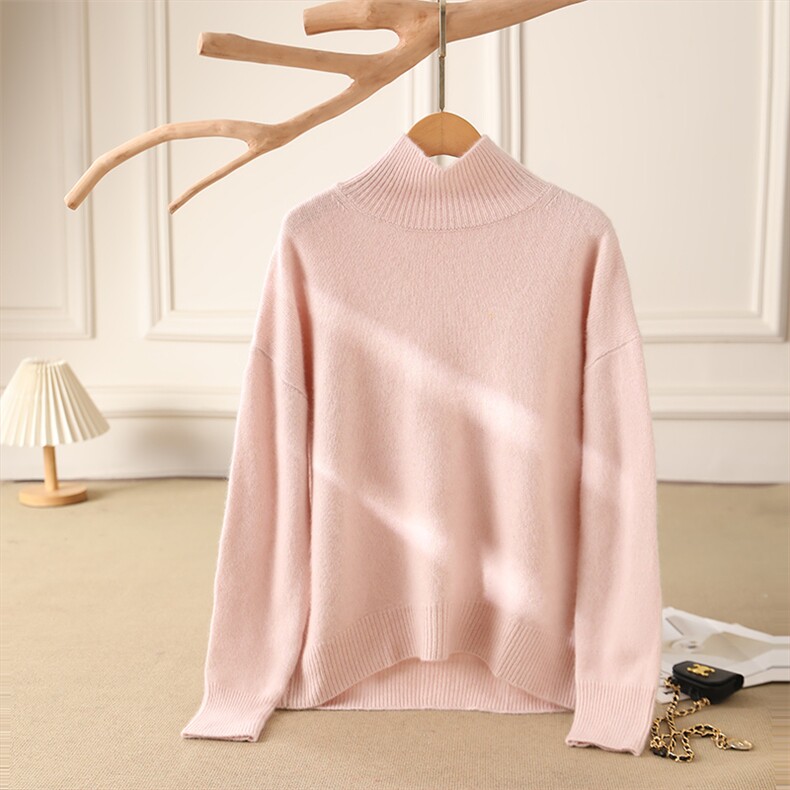 秋冬季35%羊绒简约休闲百搭时尚三股花纱加厚下摆弧形立领羊绒衫，女装羊绒衫，云暖羊山羊绒