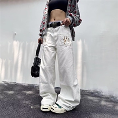 欧美街头潮牌反穿牛仔裤男女高街风刺绣宽松直筒阔腿裤L83899-P48，男装牛仔裤，星座1008