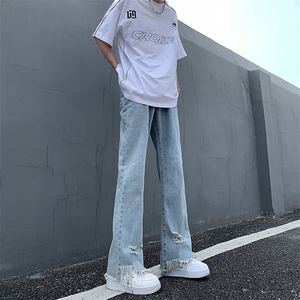 现货 黄泥美式vibe裤高街黑色破洞微喇直筒毛边牛仔裤男 K890-P55图片