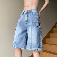 日系复古简约水洗做旧牛仔短裤男女夏季宽松直筒阔腿五分休闲裤子，男装牛仔裤，四季星座505