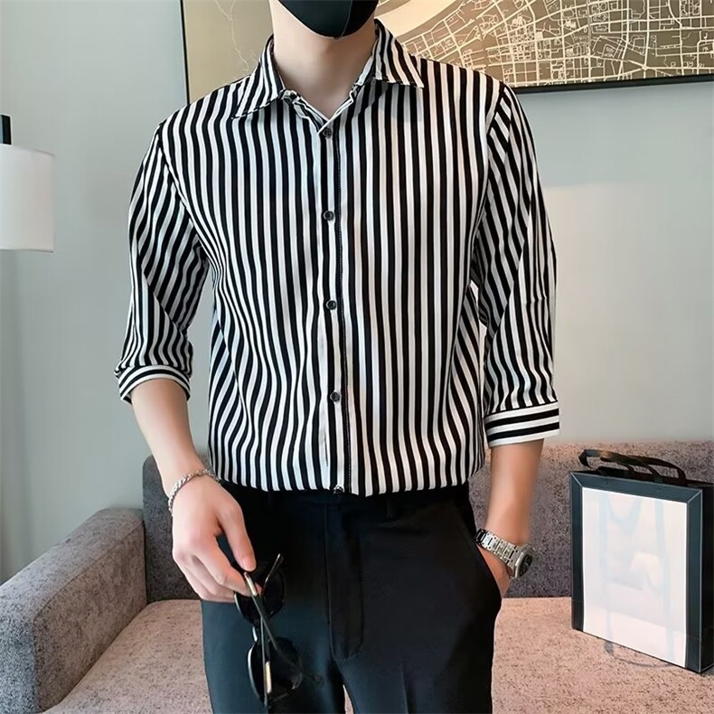 百搭衬衫标准简约ins条纹春季潮男原宿新款七分袖潮流C156-6,男装衬衫,星座1116A-2（原606A-1）