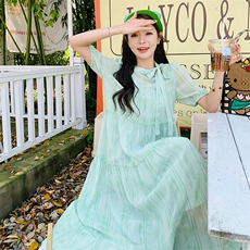 浅绿色小清新连衣裙女2024夏季新款减龄小个子高级感收腰显瘦长裙，女装连衣裙，2C058
