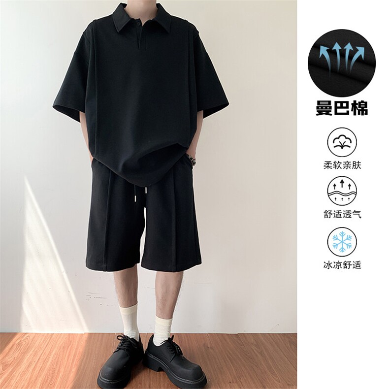 休闲polo套装男式夏季薄款曼巴棉亨利领百搭短袖T恤阔腿直筒短裤,男装休闲套装,电商A001-1