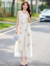 DLM8661白色花朵印花套装女夏无袖上衣半身裙两件套，女装套装/套裙，朵莱米