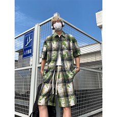 夏季扎染格子套装上衣DC2240特P25控49-裤子DK8627特P21控48，男装休闲套装，电商A007