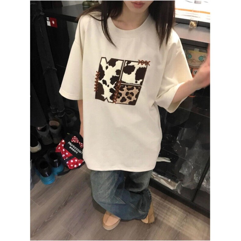 夏季新款港风美式奶牛图案刺绣宽松慵懒风圆领T恤男女ZX465-P33,男装T恤,星座313A(原308A-2)