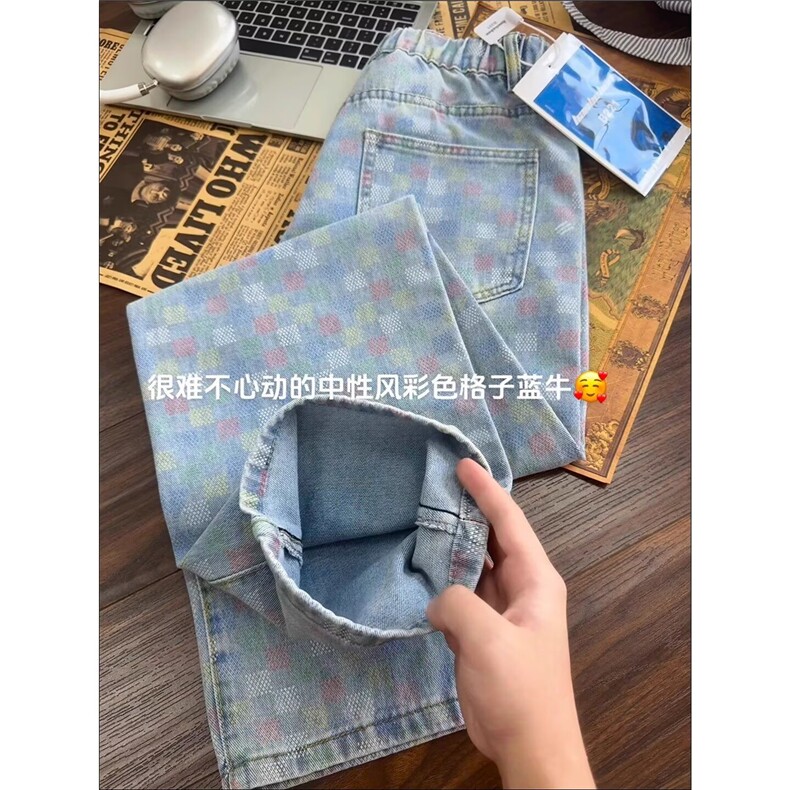 秋季新款弯刀裤彩格高街vibe复古宽松阔腿牛仔裤男女LB31777-P48,男装牛仔裤,星座1008