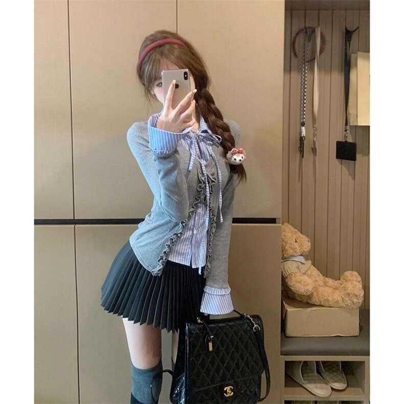 学院风春季穿搭设计感拼接假两件衬衫女大码胖mm气质修身辣妹上衣,男装Polo衫,星座1210-1
