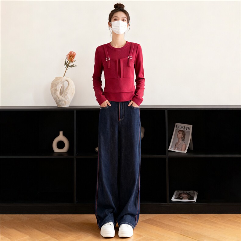 韩版时尚休闲套装女春款圆领撞色拼接假两件上衣抽绳阔腿裤两件套图片