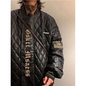 翻领菱形格刺绣PU皮棒球服PU皮棉服拉链仿皮青少年潮纯色Y6581图片