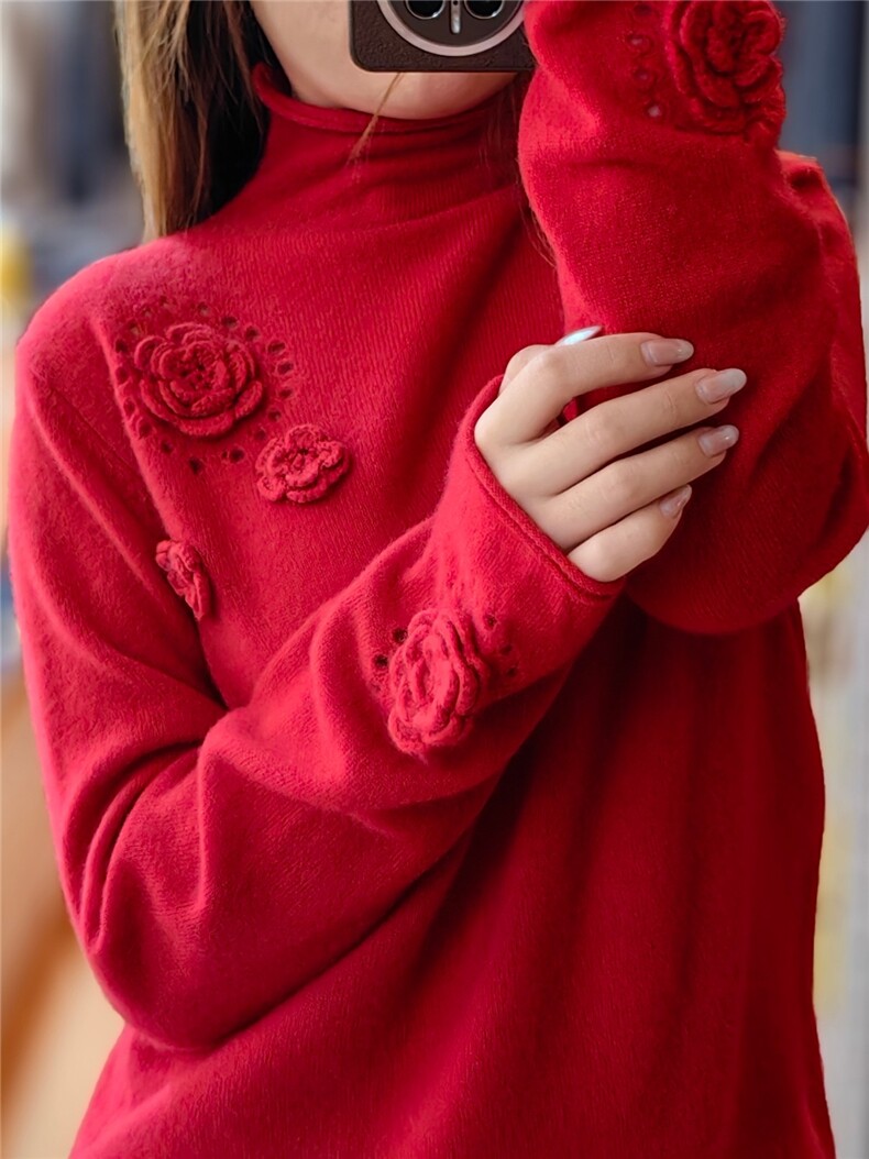 红色山茶花均码红色+灰色胸围95衣长56-，女装针织衫/毛衣，米田羊绒