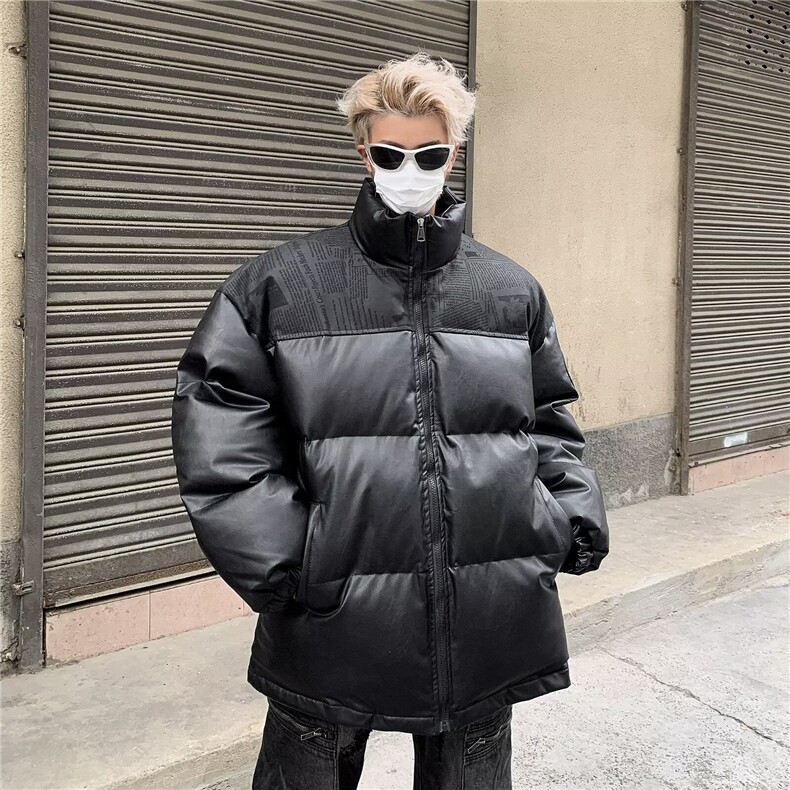 棉服男拼接pu皮短款棉袄外套男秋冬季宽松面包服美式棉衣,男装棉衣,星座716-2