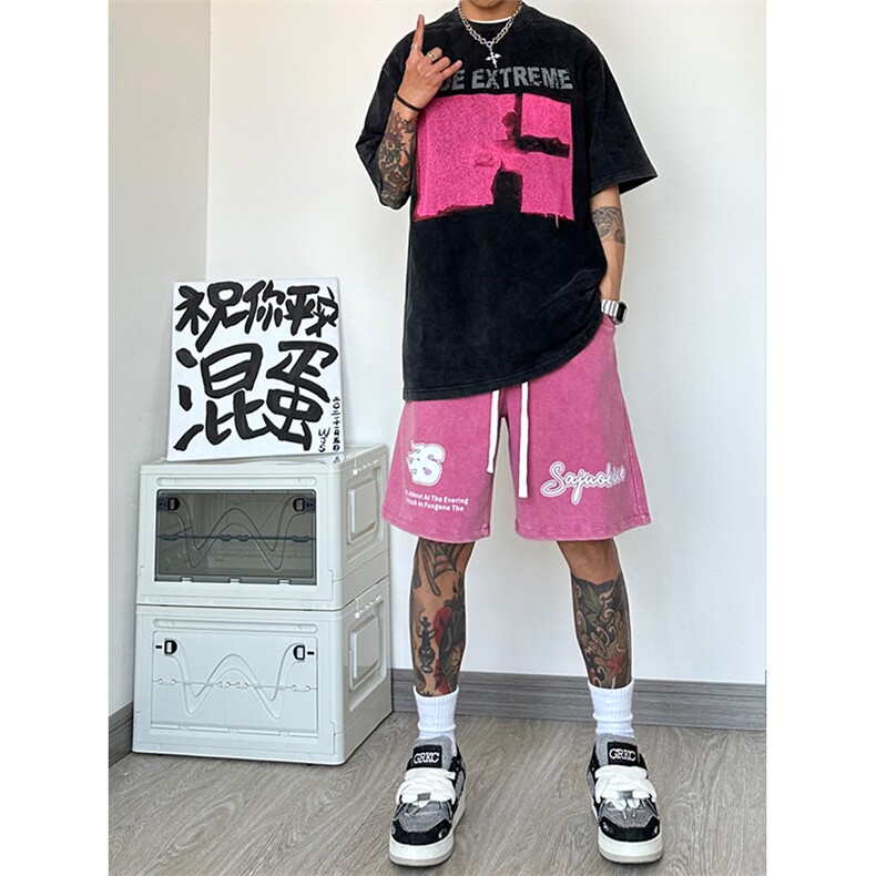 港风纯棉320G重磅水洗做旧印花短裤A014-DY2371-P50控68,男装牛仔裤,电商A014