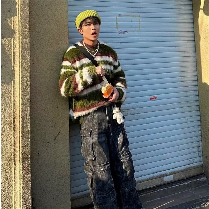 马海毛针织衫男士韩版软糯毛线衣慵懒风绿色条纹毛衣宽松圆领上衣,男装针织衫/毛衣,星座506A