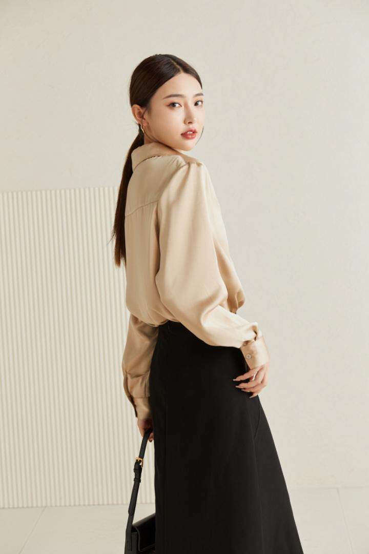 （现货）褶皱缎面V领简约衬衣，其它，M&VC