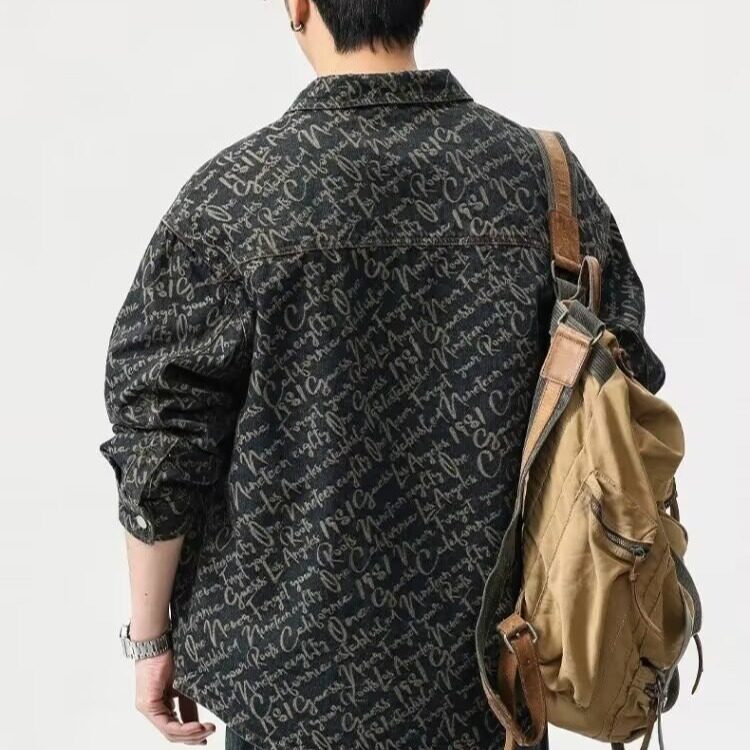 牛仔衬衫男士2025秋季新款提花复古翻领休闲长袖衬衣工装外套,男装衬衫,电商B212（原钱塘6029）