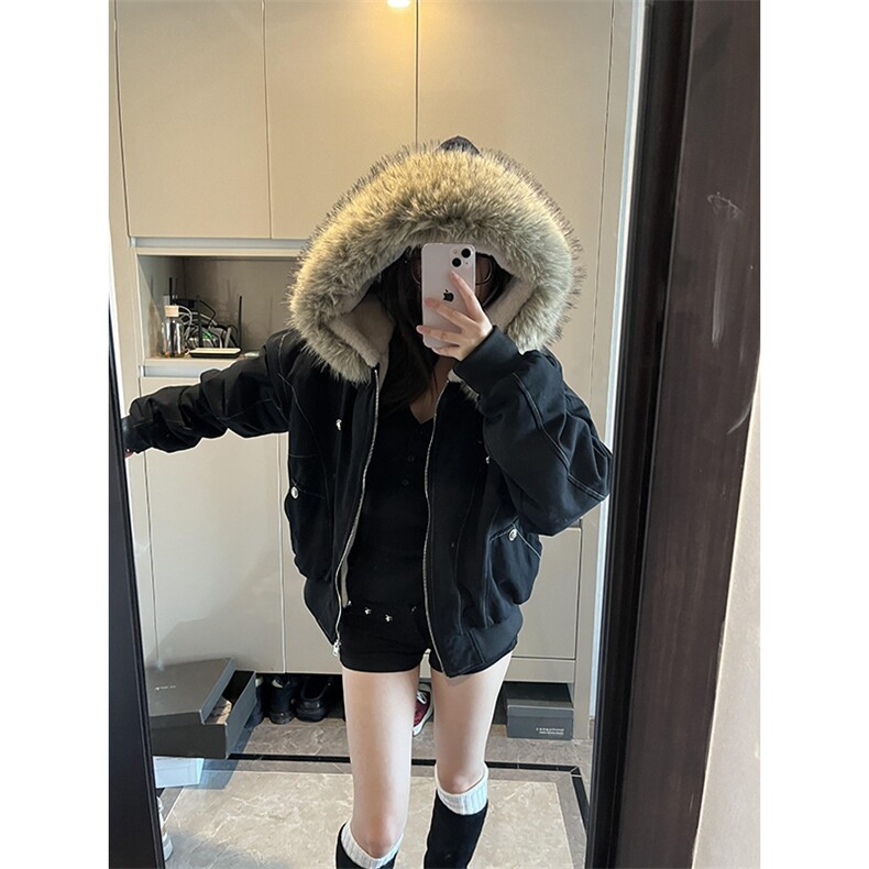 现货重磅boxy短款棉衣座山雕大毛毛领男女棉服水洗工装厚外套，男装棉衣，电商A486-1